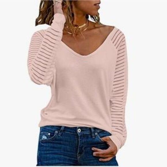 V Neck Striped Sheer Mesh Blouse - Picture 2 of 5